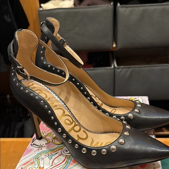 Sam Edelman Black Heels with Pointed Toe and Silver Studs - Picture 2 of 11